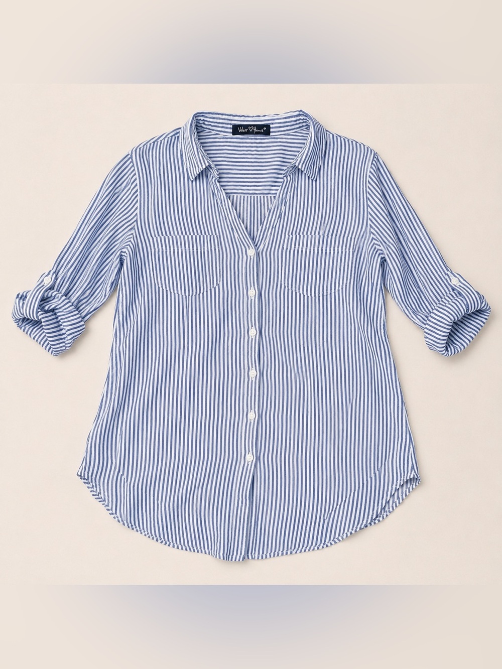 Velvet Heart Blue White Stripe Roll Tab Button Down Shirt M